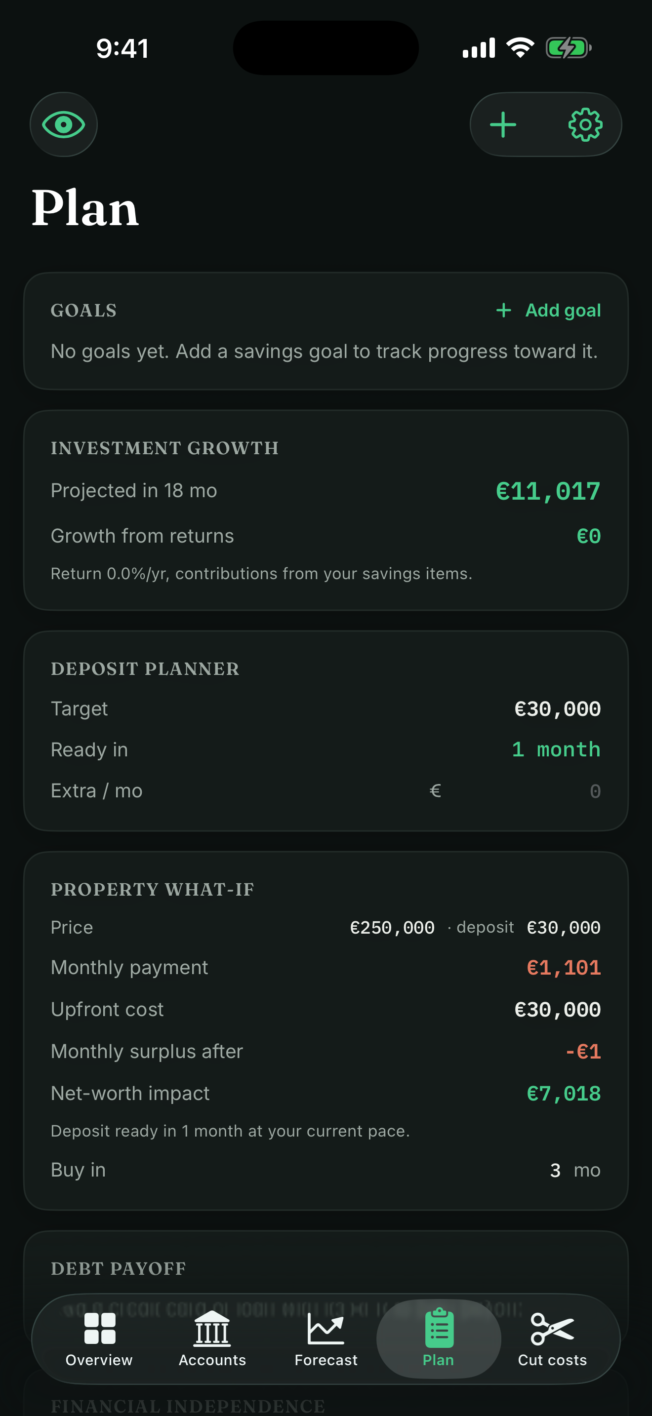 Cashflow Plan — goals, what-if scenarios, FIRE and debt payoff